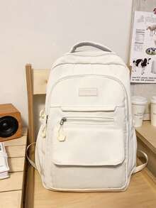 Mochila minimalista blanca crema para estudiantes, mochila de nylon suave con múltiples bolsillos y etiqueta de parche de cuero para la escuela & el transporte diario - Multicolor - Ver 12