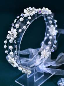 1pc Fashionable Pearl Flower Rhinestone Decor Belt, Elegant Women's Versatile Waist Sash, Suitable For Wedding, Bride, Party, Gathering - Silver - View 7