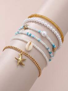 NAIZHU 6pcs Bohemian Ocean Style Starfish Shell Multi-Layer Beaded Anklet Set For Women, Vacation Style, Random Color - Multicolor - View 6