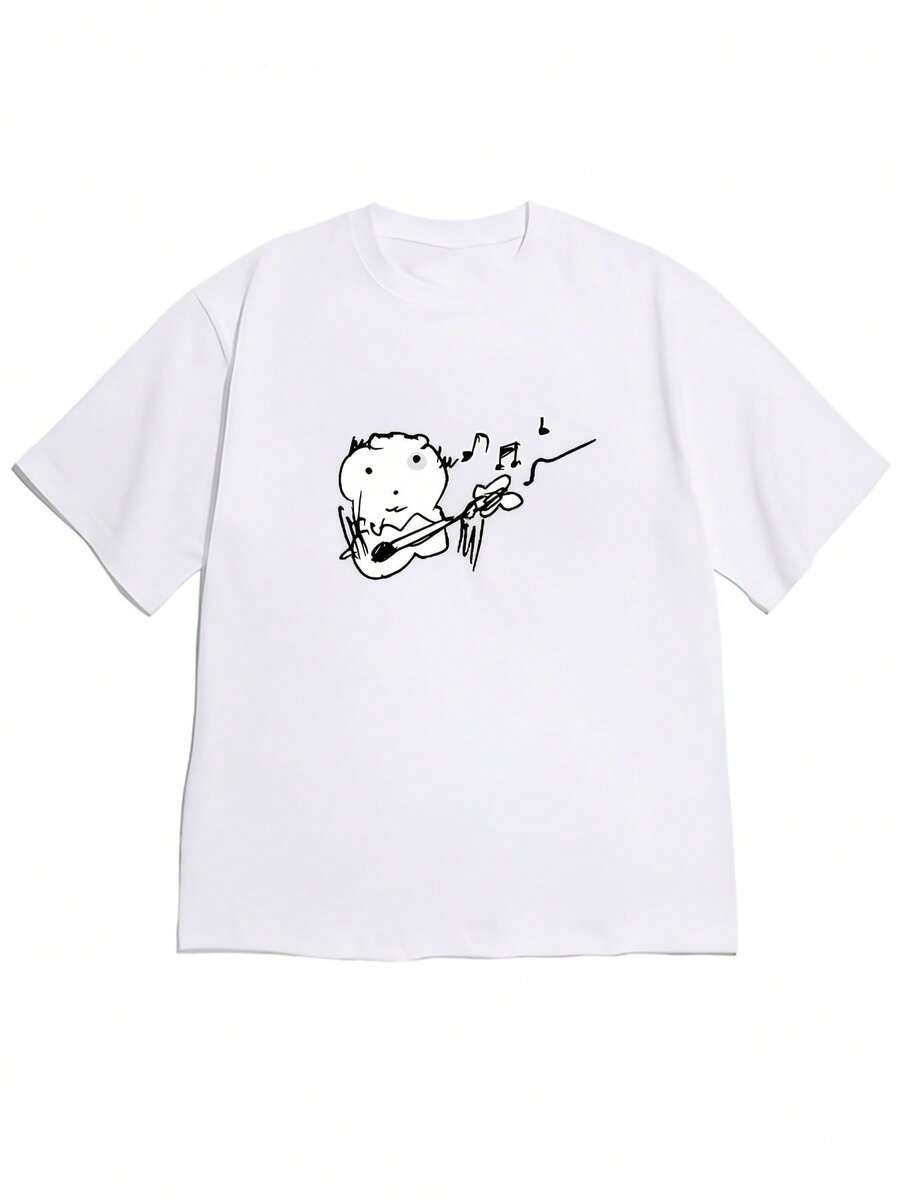 2026 Women's Blouses: Elegant And Minimalist Women's T-Shirt With Artistic Print Of A Black-Eyed Cat And Guitar - Suitable For Casual Wear In Spring/Summer, Short-Sleeved Blouse - 白色 - 查看 1