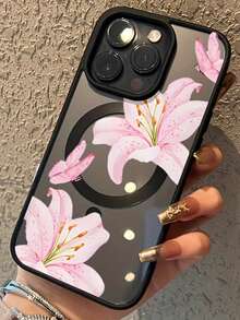 磁吸花朵 Apple 17/16/15/14/13/12 Pro Max 手機殼 磁吸充電保護殼 透明極簡高級防摔 - 黑殼-粉百合 - 查看 6