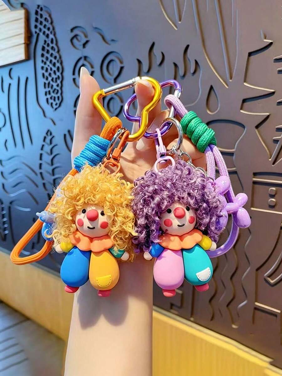 1pc Cartoon Curly Hair Clown Keychain Pendant Fluffy Doll Bag Charm Small Gift Key Ring - Fashionable Versatile - Clown Style - Exquisite Gift - Multicolor - View 1