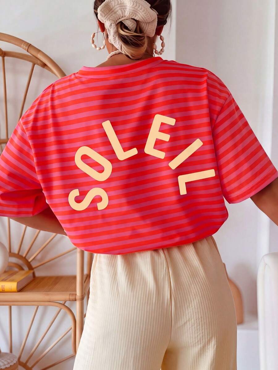 Colorblock Striped Sunflower Print Summer T-Shirt For Women, Casual Round Neck Short Sleeve Minimalist Tee, Boho Chic - Multicolor - View 1