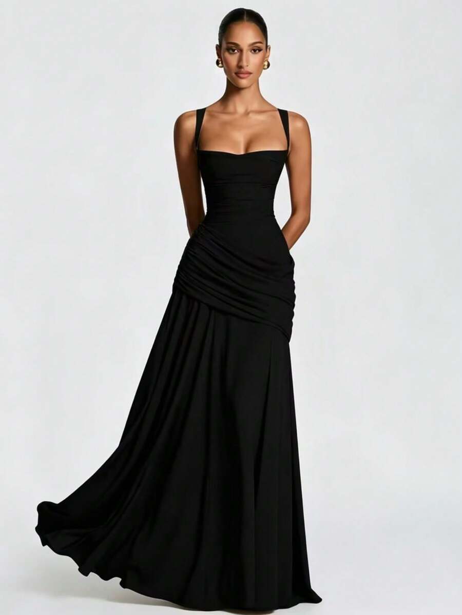 Elegant Women's Casual Party Dresses, Solid Color Strapless Sleeveless Fitted Waist Full Skirt European American Style Prom Dress - 黑色 - 查看 1
