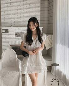 New Korean-Style Summer Collection For 2026: A Sweet And Gentle Mini Dress With Double Ruffles And A Ribbon Tie, Featuring A Half-Open Collar. - White - View 3