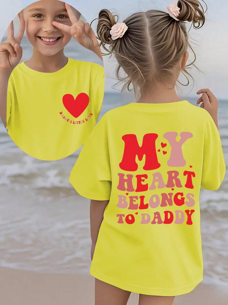 Camiseta de manga corta para el Día del Padre 'Summer Fashion Girls' con estampado de corazón y la frase 'DADDY'S LITTLE LOVE MY HEART BELONGS TO DADDY' y otros patrones de dibujos animados - Burdeos - Ver 1