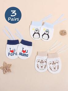 3 Pairs Newborn Anti Scratch Mittens Cute Penguin Tiger I Love Papa Mama Print Adjustable Tie Baby Hand Protection Gloves Daily Infant Essentials - 3 Pairs - View 8