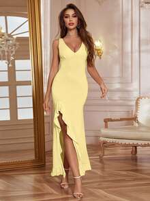 Long Strappy Dress, European And American Style, 2026 Spring-Summer, Sexy V-Neck With Ruffles And Side Slit, Fitted Cut - Yellow - View 3