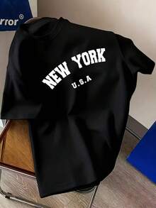 Modern, Simple, Current Style, With "NEW YORK" Letter Pattern, Men's Short Sleeve Crew Neck T-Shirt, Casual, Sporty And Slim Fit. - 黑色 - 查看 1