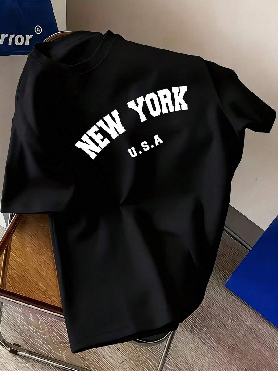 Modern, Simple, Current Style, With "NEW YORK" Letter Pattern, Men's Short Sleeve Crew Neck T-Shirt, Casual, Sporty And Slim Fit. - 黑色 - 查看 1