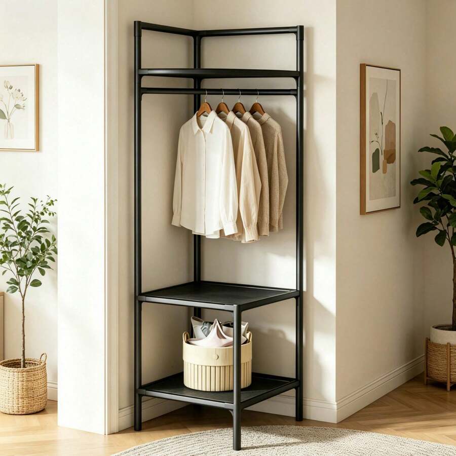 Multi-Functional Corner Garment Rack, Iron Frame Freestanding Clothing Hanger Stand With Storage Layers, L-Shaped Nook Clothes Organizer For Apartment Dorm Entryway Use - Black - View 1