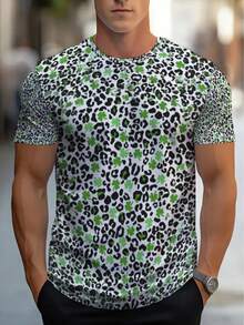 Men's Casual T-Shirt With Green Leopard Graphic Print, Short Sleeves, Comfortable Fit For Casual Wear, Ideal For Outdoor Leisure Activities - 黑色 - 查看 1
