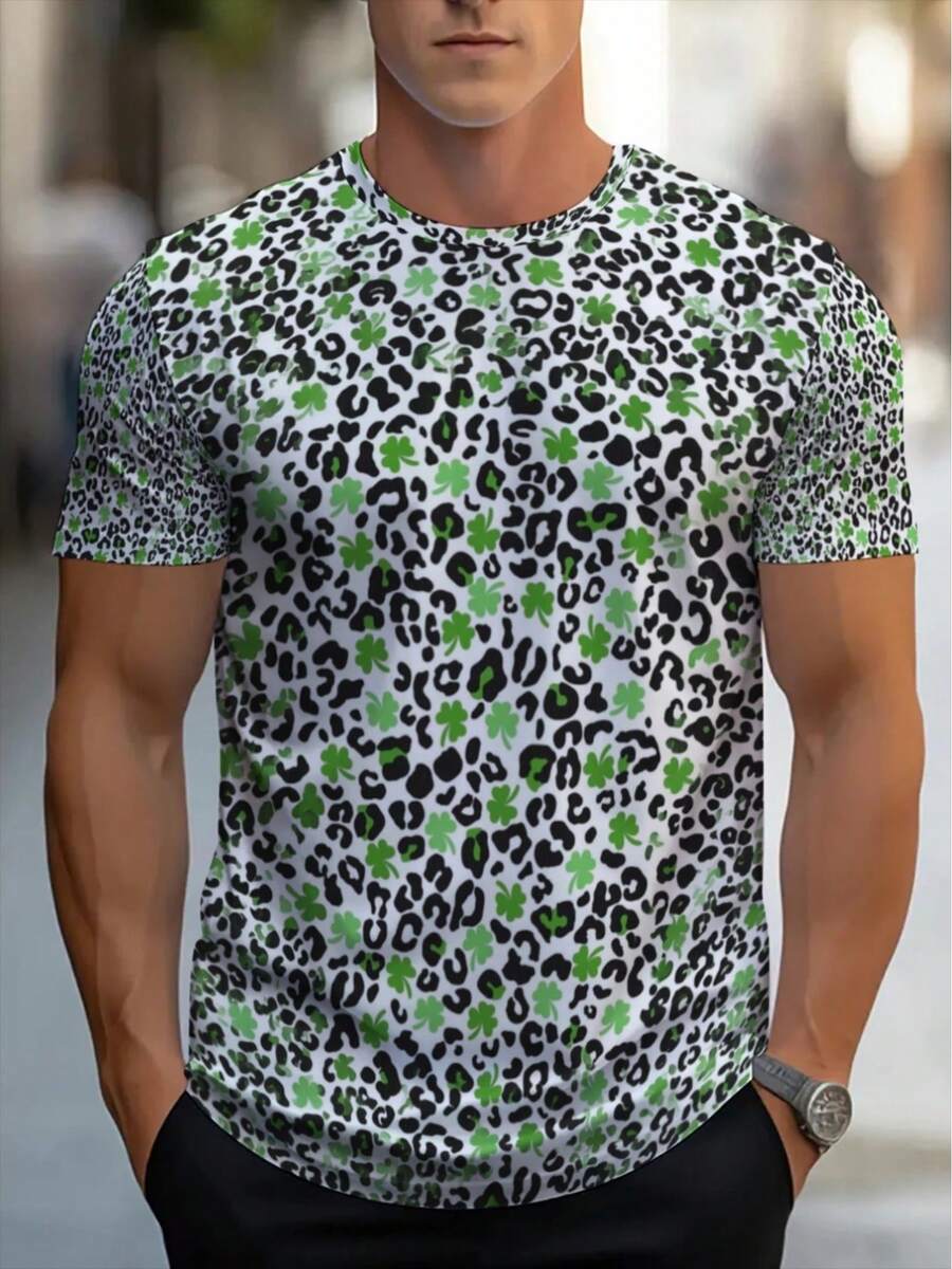 Men's Casual T-Shirt With Green Leopard Graphic Print, Short Sleeves, Comfortable Fit For Casual Wear, Ideal For Outdoor Leisure Activities - 黑色 - 查看 1