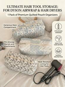 Floral Quilted Hair Dryer Bag, Fabric Hair Dryer & Curling Iron Storage Pouch For Women, Daily/Travel Makeup Brush, Cosmetic Accessories, Data Cable Organizer, Portable Multi-Function Storage Bag - Multicolor - View 3