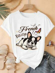 French Bulldog Graphic Women's T-Shirt 100% Algodón, Ajuste Relajado, Casual, Cómodo, Impresión de Arte - Blanco - Ver 2