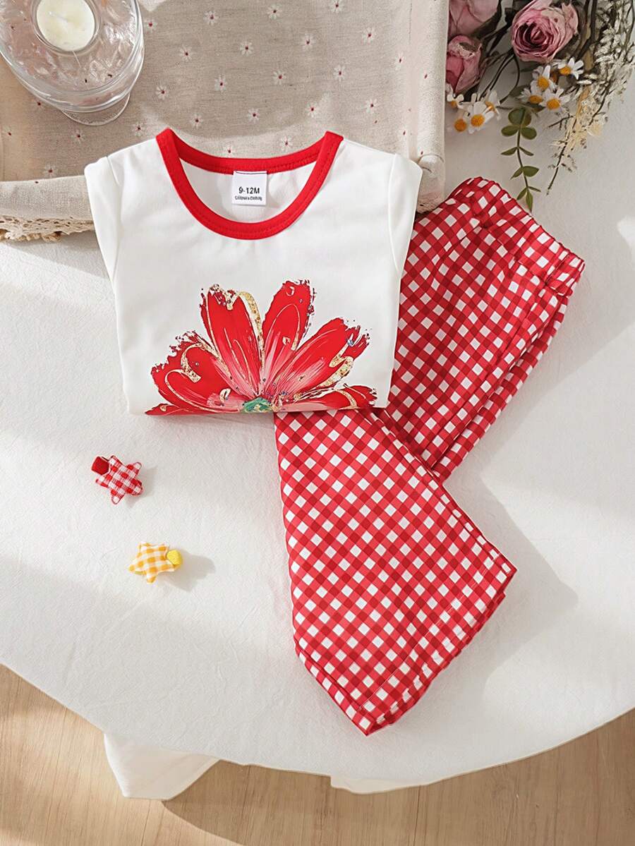 2pcs/Set Baby Girls' Nature-Inspired Floral Print Contrast Color Round Neck Short Sleeve T-Shirt And Matching Plaid Straight Pants Set, Summer - Red and White - View 1