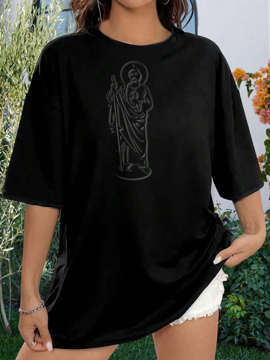 camisetas casuales góticas de oración con gráfico de tatuaje de Santa Judá en inglés para mujer, camisetas elegantes, religiosas, católicas cristianas, novedosas, para damas - Negro - Ver 1