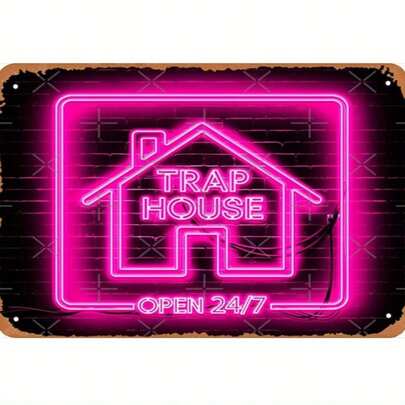 1件 8x12英吋鋁製金屬標誌牌－復古Trap House牆面藝術，霓虹粉與黑色復古設計，無框耐用金屬藝術品，適合居家、車庫、男士空間裝飾，金屬牆飾，車庫裝飾，霓虹風格標誌，做舊表面，2D平面