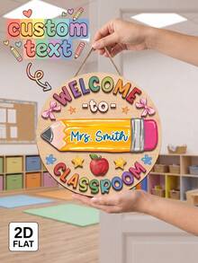 1pc Personalized Custom Text Round Wooden Classroom Door Sign,Custom Teacher Name Welcome Wall Hanging Plaque,2D Flat Pencil Apple School Door Hanger,Teacher'S Day Back To School Gift,Educators,Classroom Front Door Welcome Decorations - Apricot - View 3