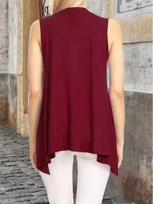 Plus Size Long Cardigan, Shawl Style, Modern, Elegant, Solid Color, Lightweight, Sleeveless, Open Front. - Burgundy - View 4