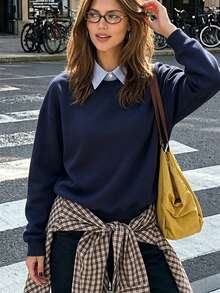 女款秋冬新款 2合1 休閒圓領時尚百搭運動衫 - 藏藍 - 查看 5