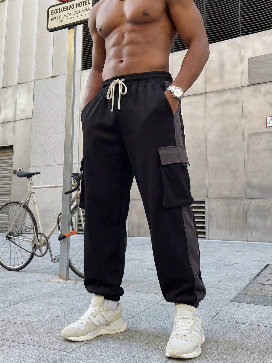 Men's Colorblock Patchwork Cargo Jogger Sweatpants With Drawstring Waist, Multi-Pockets, High Street Casual Sports Long Pants - Black - View 1