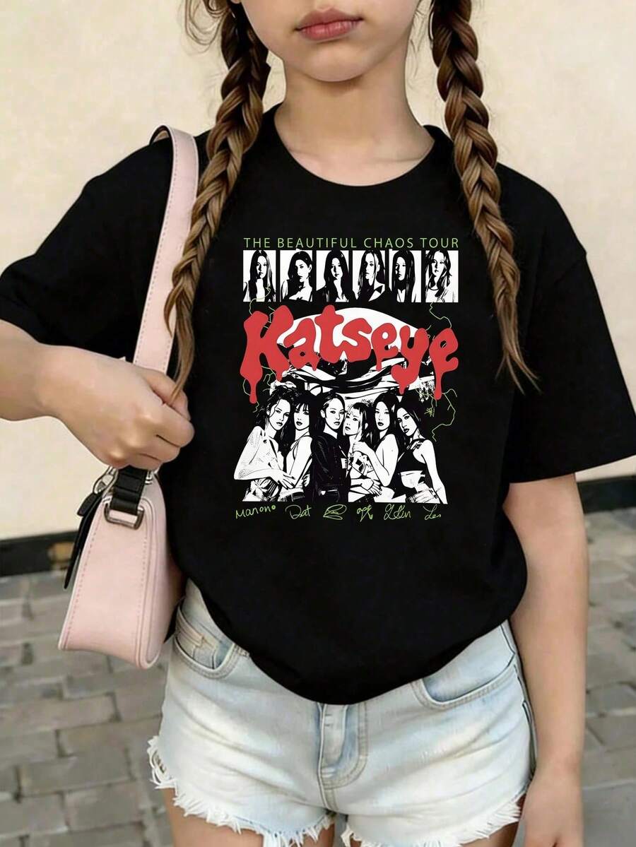 KATSEYE Printed Summer T-Shirts, Vintage Y2K Hip Hop Style, Short Sleeve T-Shirt, Summer Clothes For Girls, Toddler Girls' Clothes, Teen Clothes, Kids' Clothes - 黃色 - 查看 1