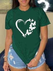 [Diseño Especial]Camiseta con estampado de corazón y mariposa, de manga corta y cuello redondo, estilo casual para verano y primavera, ropa de mujer. PQAN - Verde - Ver 1