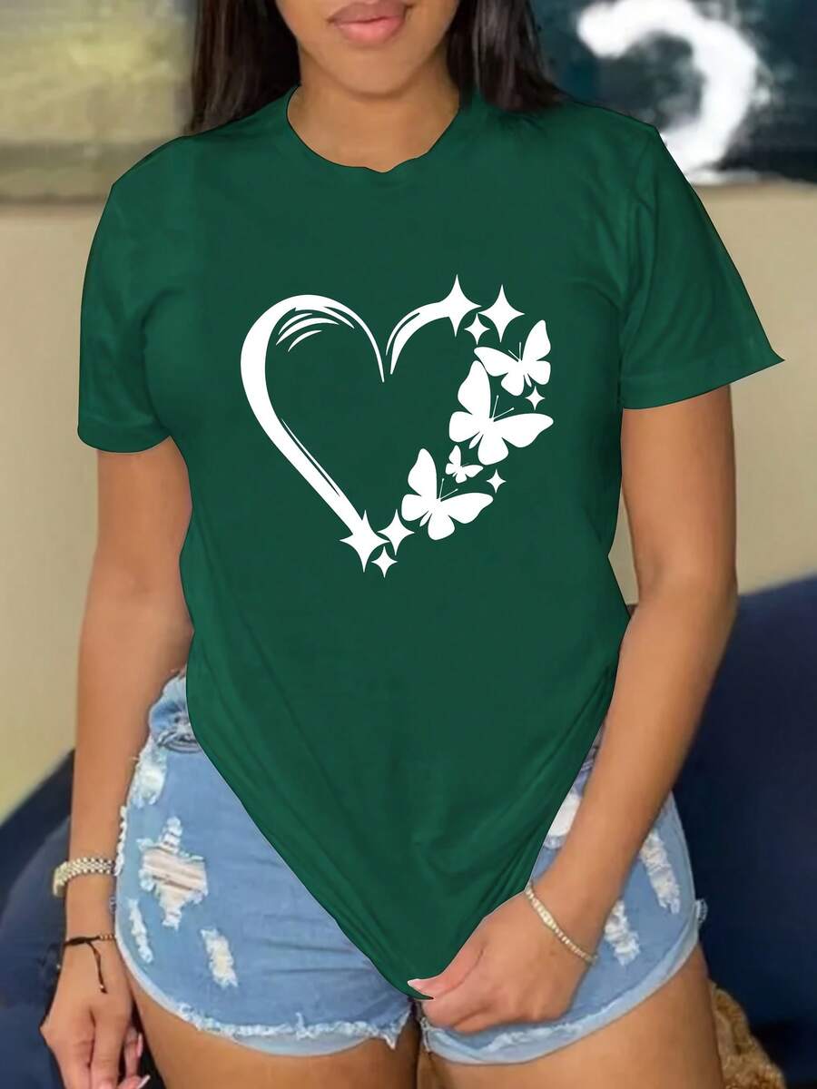 [Diseño Especial]Camiseta con estampado de corazón y mariposa, de manga corta y cuello redondo, estilo casual para verano y primavera, ropa de mujer. PQAN - Verde - Ver 1
