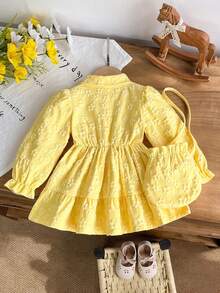 Baby Girl Sweet Spring/Autumn Princess Style 2-Piece Set: 3D Jacquard Lapel Long Sleeve Cinched Waist Dress + Matching Bow Crossbody Bag - Yellow - View 3