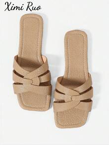 Ximi Ruo New Spring/Summer Fashion Casual Strap Slide Sandals, Comfortable Flat Heel Round Toe Slip-On Beach Slippers, Versatile Decorative Flat Sandals For Summer - Apricot - View 1