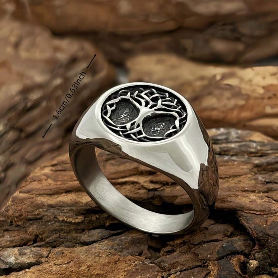 1pc European And American Hot-Selling Minimalist Tree Of Life Stainless Steel Ring, Unisex, Gift For Dad, Mom, Colleague, Friend - Ring - View 1