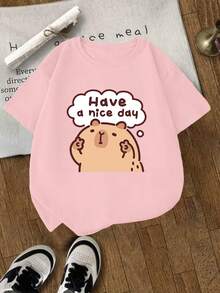 [Guan Yi Shu Selection]Capybara And Pufferfish Print T-Shirt|Short Sleeve Sports T-Shirt For Boys And Girls Ages 4-13 | Casual Printed T-Shirt For Kids - 軍綠色 - 查看 1