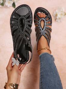 Classic Black Multi-Strap Hollow Rhinestone Flat Sandals, Vintage Roman Elastic Ankle Strap Design,Ersatile Footwear For Commute, Beach And Party - Black - View 1