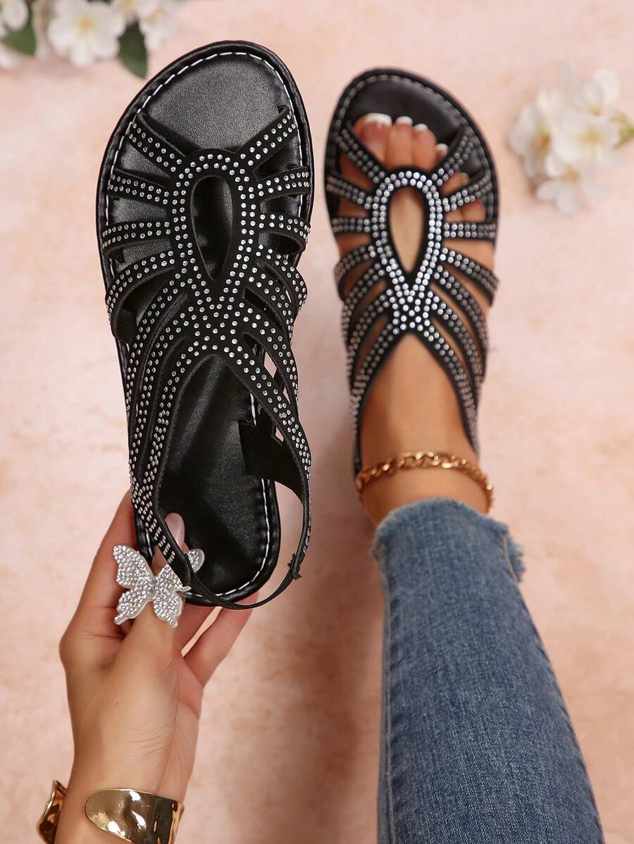 Classic Black Multi-Strap Hollow Rhinestone Flat Sandals, Vintage Roman Elastic Ankle Strap Design,Ersatile Footwear For Commute, Beach And Party - Black - View 1