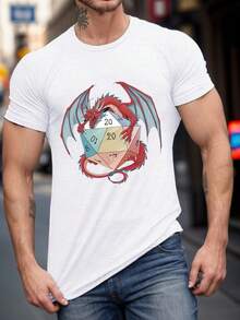 Under The Radar Men's T-Shirt With Red Dragon And D20 Print - Casual Crew Neck, Slightly Stretchy, Knit Fabric, Summer Short Sleeve T-Shirt - Vintage Urban Style - 白色 - 查看 1
