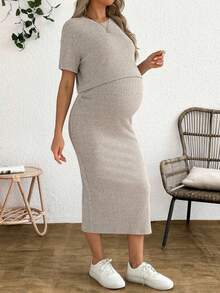 Set de 2 piezas con blusa de manga corta y falda de unicolor para maternidad, conjunto casual de verano - Blanco - Ver 9