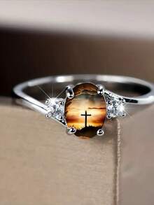 1pc Elegant Engagement Ring, Copper Plated Silver, Luxurious Design, Inlaid With Cubic Zirconia, Symbolizing Eternal Love, Suitable For Daily Wear And Wedding, Exquisite Valentine's Day Gift - Silver - View 13