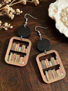 1 Pair Black Wood Round Disc Spliced Double Layer Hollow Wooden Long Vintage Library Earrings - Multicolor - View 4