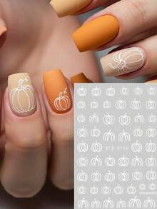 2pcs Autumn Pumpkin Nail Stickers, Halloween White Line Pumpkin, Autumn Thanksgiving Cute Fruit & Vegetable Nail Sliders, Trick Or Treat Holiday Nail Art Decor Nail Supplies - White - View 6