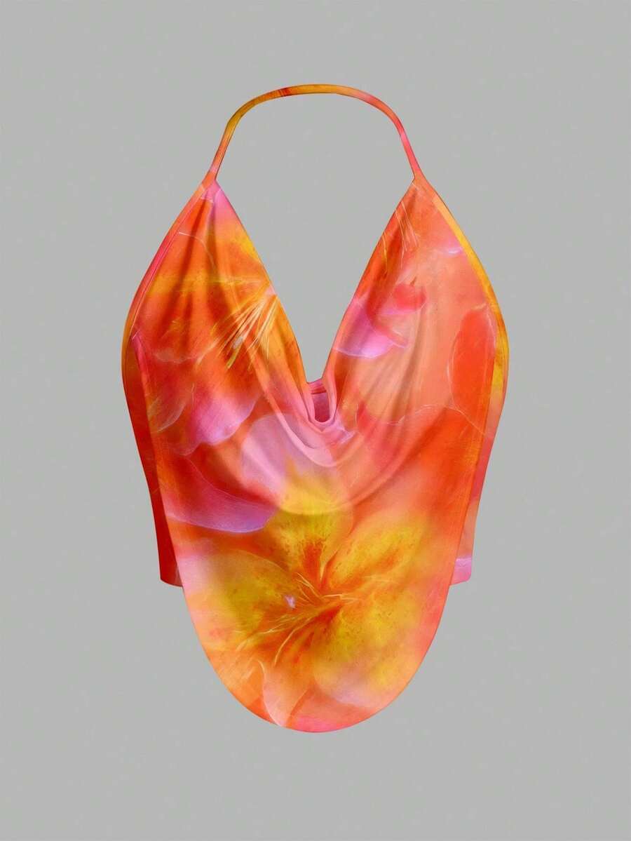 Top de cuello halter para sin espalda con fornteras drapeadas y diseño sólido - Naranja 2 - Ver 1