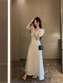 Women Long Dresses - White Polka Dots - View 5