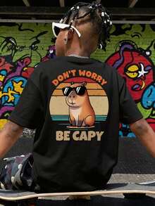 Children's Retro Style Capybara Pattern T-Shirt, Fun Slogan Print Casual Short Sleeve Summer Top - Black - View 1