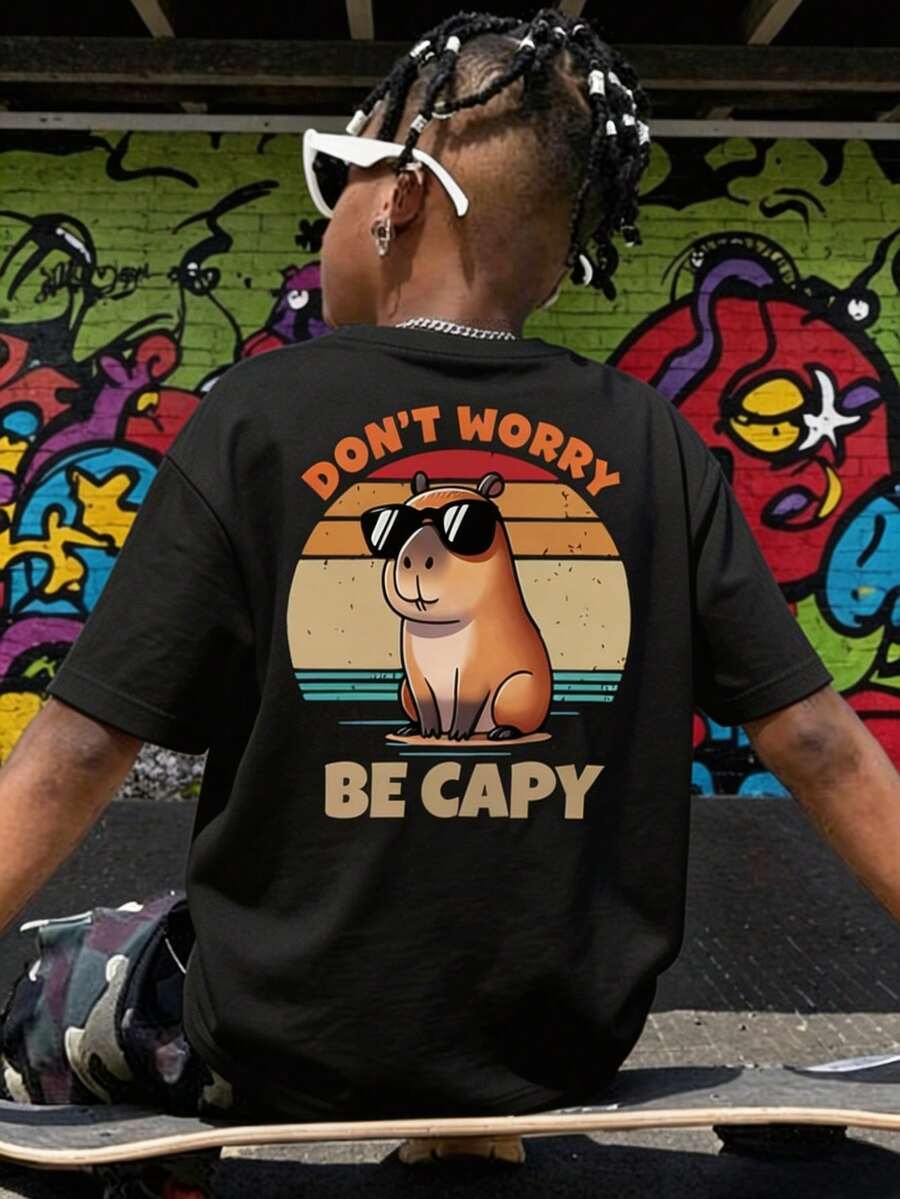 Children's Retro Style Capybara Pattern T-Shirt, Fun Slogan Print Casual Short Sleeve Summer Top - Black - View 1