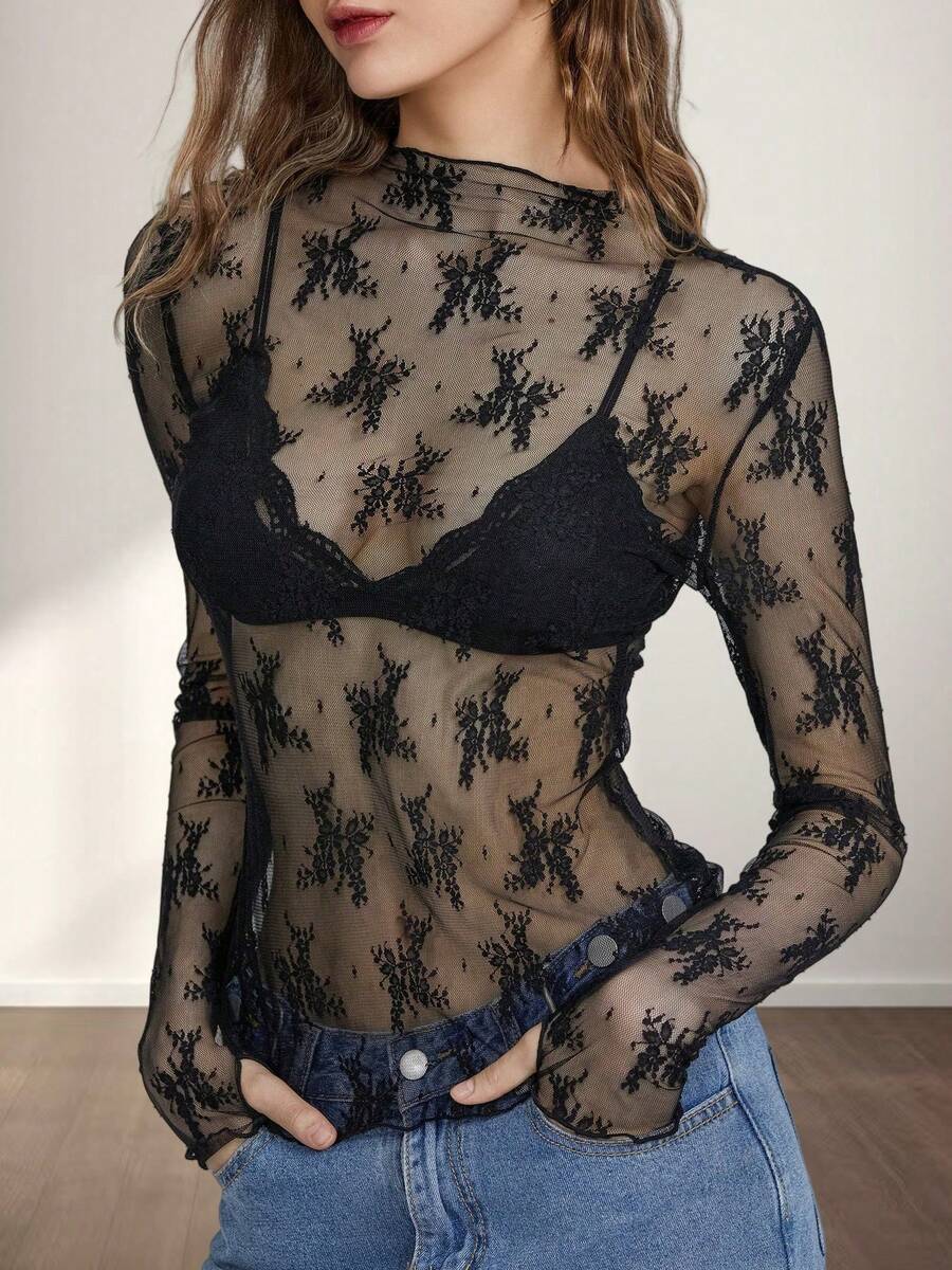 Wild Summer Black Mesh Sheer Lace Country Western Music Festival Women's Tops Western Women's Concert Women's Hippie Western Women's Rave - 黑色 - 查看 1