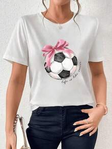 1packCamiseta de mujer moderna con diseño de balón de fútbol y lazo rosa,ideal para un look casual y deportivo con estil playera de méxico tops - Blanco - Ver 1