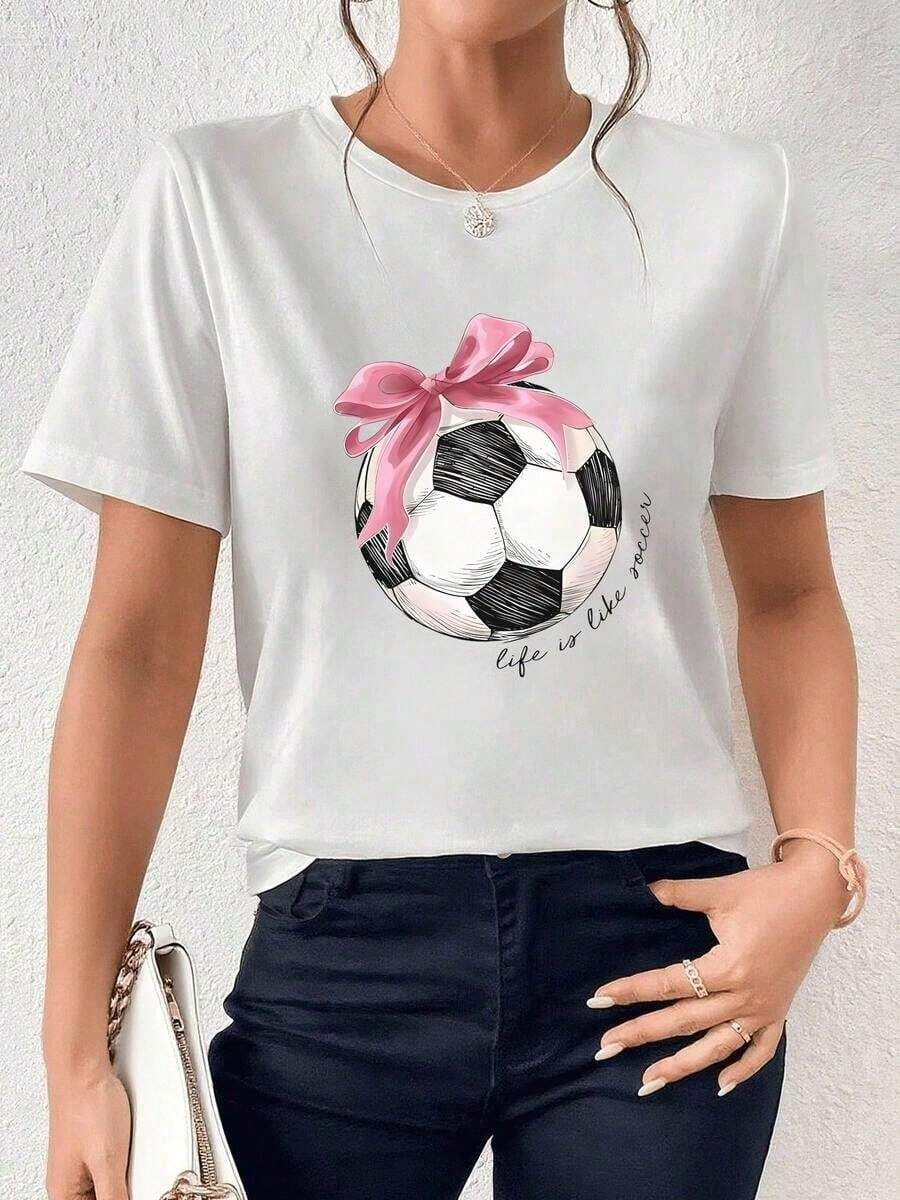 1packCamiseta de mujer moderna con diseño de balón de fútbol y lazo rosa,ideal para un look casual y deportivo con estil playera de méxico tops - Blanco - Ver 1