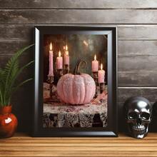 1pc Canvas Wall Art Print With Frame, Sweet & Cool Girl Style Pink Lace Pumpkin And Glowing Pink Candle Vintage Still Life Oil Painting, Soft Atmosphere Autumn Halloween Aesthetic Wall Poster For Modern Home Decor And Room Decoration - Pink Pumpkin - View 5