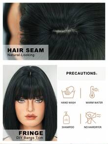7JHH WIGS 女款自然黑色短波波瀏海假髮 12英吋直髮合成纖維假髮,免膠水耐熱纖維,逼真輕量,適合日常與派對穿戴 - 黑色 - 查看 7