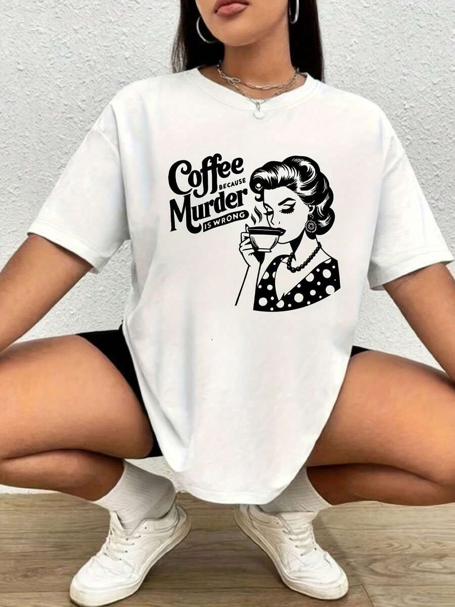 100% Cotton Y2K Loose Short Sleeve Tee Unisex Free Shipping, Free Shipping, T-Shirt "Coffee Because  Is Wrong", Graphic T-Shirt - White - View 1